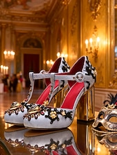 preiswerte Barock &amp; Aussage-Damen Mardi Gras Barock-inspirierte Karneval T-Strap Heels – Verzierter Satin-Pumps mit goldenen Akzenten Strasssteinen und klobigen Absätzen für Maskeradenbälle und Feierlichkeiten