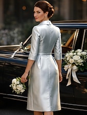 preiswerte Teelänge-Schlauchkleid Knielang Partykleid Cocktailkleid Kleid für Hochzeitsgäste Brautmutterkleid Dreiviertelarm Hemdkragen Elegant Minimalistisch Hochzeitsgast Cocktailparty Formeller Abend Stretch Satin mit