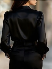cheap Dressy Blouses-Women's Shirt Elegant Satin Top Blouse Ruched Lace Patchwork Plain Elegant Vintage Daily Long Sleeve Puff Sleeve V Neck Regular Tops Daily Work Holiday Black White Fall Winter