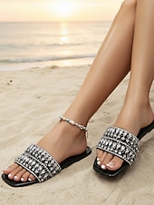 billiga Kvinnor-Damsandaler med strass – glittriga, pärlbesatta platta slip-on-skor för strandsemestrar, sommarfester, resortkläder och eleganta vardagskläder