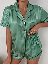 voordelige Slaaptops en -broeken voor dames-Dames Loungewear Pyjamaset Modieus Casual Zacht Heldere kleur Lapwerk Knop Korte broek Huis Vakantie Korte mouw Revers Wit Blozend Roze Groen Donkerblauw Zomer Lente Herfst Normale pasvorm