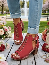 voordelige Hakken Sandalen-Rode damessandalen met dikke hak en ritssluiting, opengewerkt ontwerp, perfect voor tuinfeesten en casual gelegenheden.