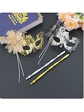 tanie Akcesoria-Złota maska do balu maskowego weneckiego z filigranem i ozdobnym kwiatem – elegancki dodatek do kostiumu weneckiego na imprezy i bale