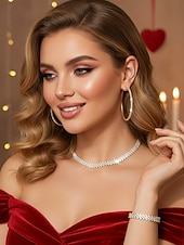 ieftine Ziua Îndrăgostiților-Set de bijuterii pentru femei cu strasuri aurii - cercei rotunzi strălucitori, colier tip choker cu cristale &amp;brățară asortată, accesorii glamour pentru baluri, baluri &amp;evenimente de petrecere
