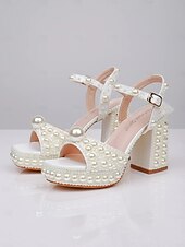 abordables mariée-Femmes Chaussures de Mariage Mariage Talons de Mariage Sandales de Mariage Chaussures de Mariée Perle Imitation Talon épais Bout ouvert Mode PU À lacets Blanche Beige