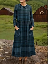 Недорогие Stripe&amp;Geometric Dress-Women's Midi Dress Sheath Dress Pleated Dress Vacation Casual Boho Holiday Spring Dress Regular Fit Plaid Long Sleeve Crew Neck Blue Light Brown Brown Spring Fall