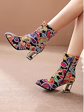 tanie Buty damskie-Kobiece botki z cekinami i haftem – Kolorowe krótkie buty barokowe w stylu karnawałowym na imprezy festiwale i bal maskowy