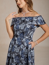  Femmes Robe maxi Robe à épaules dénudées Robe bustier Élégant Soirée Jacquard Fleuri Sans manches Épaules Dénudées Bleu