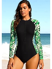 baratos Rash Guards de Uma Peça-Mulheres Segunda-pele para Mergulho Roupa de banho Conjunto de maiô Leopardo Zip Up UPF50+ Secagem Rápida Leve Manga Longa Camisa de Natação Surfe Praia Esportes Aquáticos Verão
