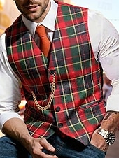  Per uomo Gilet All'aperto Carnevale Feste Ufficio / Carriera Moda Streetwear Primavera Autunno Bottoni Poliestere Tessuto Traspirabilità Plaid Monopetto Scollo a V Vestibilità su misura Rosso Gilet