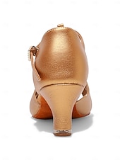 Χαμηλού Κόστους Latin Παπούτσια-Γυναικεία χρυσά παπούτσια λάτιν χορού με σχέδιο T-strap, χαμηλοτάκουνα σανδάλια σάλσα για ballroom, για επαγγελματίες χορευτές και παραστάσεις εξάσκησης.