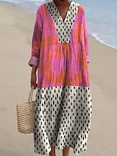 olcso Csíkos és geometrikus ruhák-Női Maxiruha Váltó ruha Nyári ruha Szabadság Alkalmi Tengerpart Alkalmi Laza öltözet Grafika Mértani Absztrakt Hosszú ujj V-alakú Világossárga Arcpír rózsaszín Világosbarna Nyár Tavasz