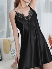 tanie Jednoczęściowe piżamy (kombinezony) damskie-Damskie Koszula nocna Codzienny Miękkie Satynowe Czyste kolory Koronka Odkryte plecy Sukienka Codzienny Dom Łóżko Bez rękawów Paski Błękit jeziora Czarny Biały Rumiany róż Czerwony Lato Luźna