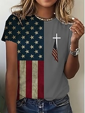  Självständighetsdag Patriotisk Kvinnors T-Shirt Grafisk Stjärnflagga Vintage Stilren Klassisk Kort Ärm Crew Neck Regelbundna Toppar Daglig Helg Tryck Svart Grå Sommar Vår