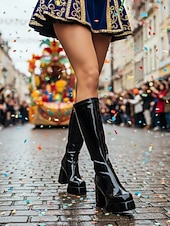 cheap Women's Shoes-Women's Mardi Gras 1980s Retro Purple Platform Knee-High Boots with Block Heels – Shiny Patent Faux Leather, Perfect for Carnival Parades and Festive Celebrations