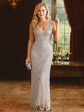 economico Lunghezza alla caviglia-Abito a colonne lungo in paillettes abito in frange abito da prom abito per la madre della sposa senza maniche scollo a V elegante vintage da festa con paillettes