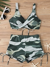 お買い得  ビキニセット-ウィメンズビキニ 2ピース水着 レオパード ショーツ スリム バックレス バケーション ビーチウェア カモ Vネック ノースリーブ 水着