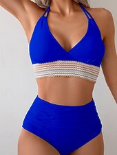 preiswerte Bikini-Sets-Damen Badeanzug Zweiteilig Freche Unterhose Bademode Gerafft Rückenfrei Urlaub Strandbekleidung Einfach Neckholder Ärmellos Badeanzüge