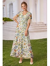  Corte A Vestidos Hasta el Suelo Hasta el Tobillo Bordado con cuentas Vestido de Fiesta Vestido Cóctel Vestido de Madrina Manga Corta Escote en Pico Elegante Vintage Formal Encaje Tul Encaje perlado