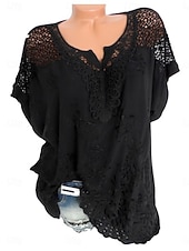 economico T-shirt semplice-Per donna Maglietta Pizzo Patchwork Semplice Moda Elegante Classico Manica Corta Scollo a V Top Regolari Quotidiano Weekend Blu Nero Bianco Rosso Grigio Estate Primavera