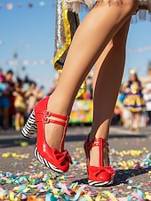 baratos Sapatos femininos-Sapatos Elegantes de Salto Chunky com Fivela em Laço de Carnaval Diário Femininos de Mardi Gras em Preto Branco e Amarelo com Bico Redondo
