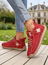 abordables Baskets femme-Baskets rouges décontractées pour femmes - chaussures confortables à lacets avec coutures apparentes et détails contrastés, idéales pour les promenades quotidiennes, les courses en extérieur, les brunchs et les sorties décontractées.