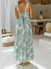 tanie Sukienki kwiatowe-Damskie Sukienka maxi Sukienka A line Sukienka na ramiączkach Urlop Codzienny Na zewnątrz Wyjściowe Luźna Kwiaty Graficzny Bez rękawów Cienkie ramiączka Niebieski Błękit nieba Pomarańczowy Zielony