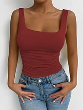 baratos Plain Tank-Women's Camisole Tank Top Solid Color Stylish Casual Sleeveless Square Neck Regular Tops Daily White Yellow Wine Red Royal Blue Summer