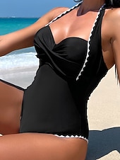 זול בגדי ים חלק אחד-בגד ים חתיכה אחת לנשים דק תומך מונוקיני שליטה בבטן מותן גבוהה דק ללא גב חופשה בגד ים לחוף צבע אחיד צווארון חלאטר ללא שרוולים