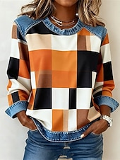 abordables Stripe&amp;Geometric Hoodies-Women's Pullover Sweatshirt Patchwork Print Plaid Color Block Plain Elegant Warm Punk Long Sleeve Round Neck Regular Tops Home Work Street Dark Yellow Light Brown Orange Spring