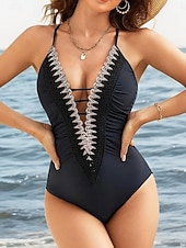 cheap One-piece swimsuits-Women's One Piece Swimsuit Slimming Ruched Sexy Cutout Monokini Tummy Control High Waist Slim Backless Vacation Beach Wear Solid Color V Neck Sleeveless Bathing Suits