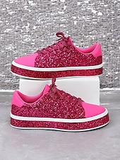billiga Kvinno skor-Damsneakers med rosa glitter och snörning – glittrande platåskor för vardagsbruk, karneval, festivaler och fester