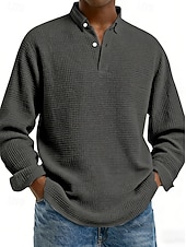 abordables Polo clásico para hombre-Hombre Camisetas polo con diseño de gofre Camisetas polo Casual Calle Diseño Manga Larga Básico Moderno Plano Botones Primavera Otoño Ajuste regular Negro Blanco Rojo Azul Marino Albaricoque