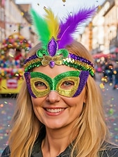 levne Příslušenství-Dámská souprava masky a čelenky na karneval Mardi Gras z polyesteru s flitry – živé barvy s peřím ideální pro karneval a maškarní večírky