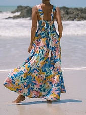 tanie Sukienki kwiatowe-Damskie Sukienka maxi Sukienka A line Sukienka na ramiączkach Urlop Codzienny Na zewnątrz Wyjściowe Luźna Kwiaty Graficzny Bez rękawów Cienkie ramiączka Niebieski Błękit nieba Pomarańczowy Zielony