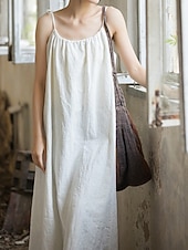 cheap Premium Linen Collection-Women's Midi Dress Cotton Linen Dresses Shift Dress Sundress Slip Dress Vintage Fashion Daily Outdoor Vacation Loose Fit Plain Sleeveless Straps Blue Teal White Yellow Summer Spring