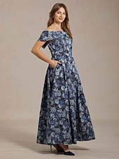 Femmes Robe maxi Robe à épaules dénudées Robe bustier Élégant Soirée Jacquard Fleuri Sans manches Épaules Dénudées Bleu