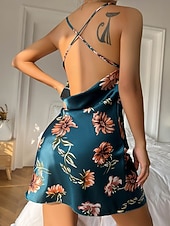 preiswerte Damen Nachtwäsche und Loungewear-Damen Freizeitkleidung Nachthemd Sexy Lässig Weich Blumen Gerafft Rückenfrei Kleid Heim Urlaub Ärmellos V Ausschnitt Schwarz Rote Grün Sommer Frühling Normale Passform