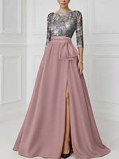 economico Abiti da Sera a Linea A-Linea ad A Lunghezza al pavimento Perline ricamate Abito Formale Abito da madre della sposa Abito da Sera Elegante Spacco Alto Manica 3/4 Girocollo Matrimonio Formale Raso Con Paillettes con