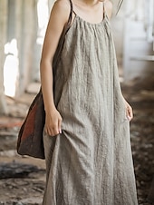 cheap Premium Linen Collection-Women's Midi Dress Cotton Linen Dresses Shift Dress Sundress Slip Dress Vintage Fashion Daily Outdoor Vacation Loose Fit Plain Sleeveless Straps Blue Teal White Yellow Summer Spring