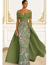  A-Linie Bodenlang Perlenbestickt Abendkleid Kleid der Brautmutter Abendkleid Ballkleid mit Überrock Festliche Kleidung Elegant Hoher Schlitz Kurzarm Schulterfrei Hochzeit Formell Satin Spitze mit