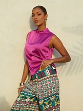 levne Umělecké a designové blůzy-saténový top bez rukávů se širokými rameny, ležérní, dovolená