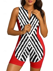 Χαμηλού Κόστους Γυναικεία σετ ρούχων-Γυναικεία Ολόσωμη στολή για τρίαθλο Ποδηλατικό Σετ Τζέρσεϊ Αμάνικο Καλοκαίρι Μαύρο Κίτρινο Ρουμπίνι Γεωμετρικό Ριγέ Ποδήλατο 3D Pad