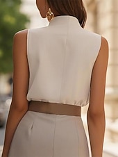 Недорогие Нарядные блузки-Жен. Рубашка Elegant Сатин / атлас Летние вершины Рюши Плиссировка Пэчворк Сплошной цвет Полотняное плетение Элегантный стиль Винтаж Дамы Без рукавов Вырез под горло Обычные топы