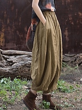 economico Collezione di Lino Premium-Pantaloni da donna in lino biologico con elastico in vita e tasche a lanterna