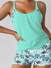 お買い得  タンキニ-女性用 スイムウェア 2ピース ショーツ 水着 バックレス 旅行度假风 ビーチウェア フラワー Ｕネック ノースリーブ 水着