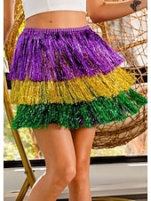 Недорогие Женская одежда для Марди Гра-Карнавальная женская юбка A-силуэта Модная Повседневная Мини Высокая талия Юбки Цветной блок Кисточки Фринги Неподвижная Повседневная Вечеринка Фиолетовый Весна Полиэстер