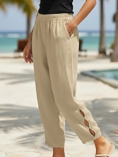 cheap Bottoms-Women's Cotton Linen Pants Chinos Summer Pants Vacation Streetwear Casual Full Length Medium Waist Plain Pocket Elastic Waistband Comfortable Breathable Inelastic Daily Outdoor Street White Sky Blue