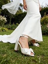 economico sposa-sandali da sposa da donna con tacco a blocco e glitter bianchi, cinturino alla caviglia e fiocco in raso – eleganti scarpe da sposa aperte per cerimonie in giardino ed eventi all'aperto