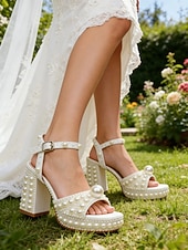 abordables mariée-Femmes Chaussures de Mariage Mariage Talons de Mariage Sandales de Mariage Chaussures de Mariée Perle Imitation Talon épais Bout ouvert Mode PU À lacets Blanche Beige